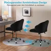 Two black office chairs are shown in a room with a desk and a framed picture on the wall. Blue arrows indicate the chairs can be tucked under the desk. Produktbild-Vorschau