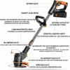 Diagram of a cordless string trimmer with labels pointing out its features. Produktbild-Vorschau