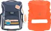A navy blue backpack and an orange rain cover are shown side-by-side against a white background. Voir les images du produit