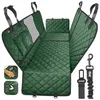 A green quilted dog car seat cover is laid out flat, showing its various sections and attachment straps. Small inset images show a hand wiping the cover and a water droplet on it. Náhľad obrázku produktu