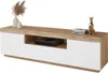 A TV stand with a wood-effect top and white doors, displayed against a white background. Produktbild-Vorschau