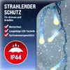 Close-up of a string of blue LED lights with yellow bulbs, set against a snowy background with text overlays describing product features. Náhled obrázku produktu