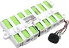 A battery pack with multiple green cylindrical cells arranged in a white plastic holder, connected to a black connector with red and black wires. Produktbild-Vorschau