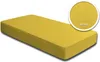 A yellow fitted sheet is shown on a white background, with a close-up inset of the fabric texture labeled 'Jersey'. Produktbild-Vorschau
