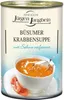 A can of Jürgen Langbein Büsumer Krabbensuppe with a bowl of soup and shrimp in the foreground. Náhľad obrázku produktu