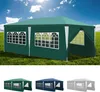 A green gazebo with windows is set up on a grassy field under a blue sky with clouds. Below the main image are three smaller images of the gazebo in green, blue, and gray. Produktbild-Vorschau