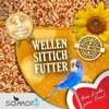 A marketing image for bird food, featuring a budgie, sunflower, and various seeds. Produktbild-Vorschau