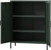 An open dark green metal cabinet with shelves. Produktbild-Vorschau