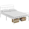A white metal bed frame with two pillows and two storage baskets underneath. Produktbild-Vorschau