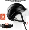 A black safety helmet on a white mannequin head, with a close-up of the chin strap adjustment mechanism. Náhľad obrázku produktu