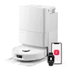 A white robot vacuum cleaner with its charging dock, a smartphone, and a smartwatch are displayed against a white background. Produktbild-Vorschau