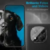 A marketing image showing a phone with a dog on the screen and a close-up of its camera lenses. Produktbild-Vorschau
