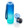 A blue and teal ombre water bottle with its lid and a small filter piece next to it, on a white background. Produktbild-Vorschau