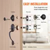 An exploded diagram showing the components of a door lock set being installed on a wooden door. Podgląd zdjęcia produktu