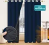 A pair of navy blue blackout curtains are shown hanging in front of a window, with a close-up inset showing the quilted lining of one curtain. A fireplace is visible to the right.