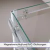 Close-up view of a shower door corner, showing magnetic closure and PVC seals. Produktbild-Vorschau