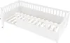 A white wooden children's bed with a slatted frame and a partial railing, shown from a diagonal angle. Anteprima dell’immagine prodotto