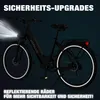 A black electric bicycle is shown in a dark setting, highlighting its reflective wheels and front light. Produktbild-Vorschau