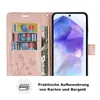 A pink flip phone case with card slots and a phone inside, next to a text description. Produktbild-Vorschau