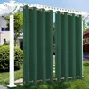 Green outdoor curtains hanging from a white pergola in a garden setting. Produktbild-Vorschau