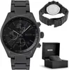 A black Hugo Boss chronograph watch is displayed with its packaging. Anteprima dell’immagine prodotto