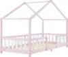 A pink and white house-shaped bed frame with a slatted base, shown from a side-front angle against a white background. Náhled obrázku produktu