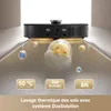 A black robot vacuum cleaner is shown on a reflective floor, with animated bubbles and particles illustrating its cleaning capabilities. Below the robot, there are three information cards. Voir les images du produit