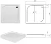 A collage of images showing a square shower tray from different angles, including a technical drawing with dimensions. Produktbild-Vorschau