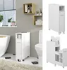A bathroom scene with a toilet, bathtub, and a slim storage cabinet, alongside product shots of the cabinet. Náhled obrázku produktu