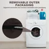 A washing machine with laundry supplies on top, and a close-up of a zipper on a brown fabric. Náhled obrázku produktu