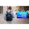 A person wearing headphones and a backpack walks down a street. Produktbild-Vorschau