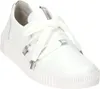 A white leather sneaker with white ribbon laces and silver accents. Produktbild-Vorschau