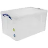 A clear, studio shot of a transparent plastic storage box with blue handles. Anteprima dell’immagine prodotto