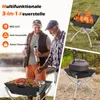 A collage of images showing a multi-functional camping grill in different settings and configurations. Produktbild-Vorschau