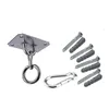 A set of mounting hardware for a punching bag, including a ceiling mount, carabiner, screws, and wall plugs. Produktbild-Vorschau