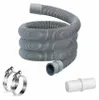 A coiled gray corrugated hose with two metal hose clamps and a white plastic hose connector. Produktbild-Vorschau