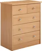 A light brown wooden chest of drawers with five drawers and silver knobs, shown from a three-quarter angle against a white background.