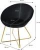 A black velvet chair with gold legs, shown with dimensions indicated by measurement lines and text. Produktbild-Vorschau