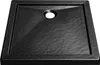A black square shower tray with a textured surface and a central drain hole, presented on a white background. Produktbild-Vorschau