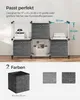 A modular storage unit with fabric storage boxes, showing dimensions and color options. Produktbild-Vorschau