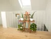 A wooden plant stand with several potted plants on a wooden floor, next to a white railing and under a skylight. Produktbild-Vorschau