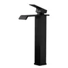 A black waterfall-style bathroom faucet on a white background. Produktbild-Vorschau