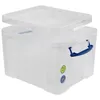 A transparent storage box with a blue handle and lid slightly ajar, set against a white background. Produktbild-Vorschau