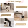 A collage showing a cat bed/stool in different configurations and uses, including a cat inside, a person sitting on it, and a person resting their feet on it. Voir les images du produit