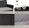 A collage of four images showcasing different aspects of a rattan garden set, including cushions, a glass tabletop, the rattan weave, and water-repellent fabric. Náhled obrázku produktu