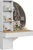 A vanity table with a mirror and shelves, decorated with flowers and accessories. Voir les images du produit