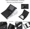 A collage of images showcasing a black leather wallet and its features. Produktbild-Vorschau