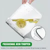 A hand is holding a clear plastic container filled with water and lemon slices, tilted to show the liquid inside. A close-up inset shows the seal of the container. A green banner with text is at the bottom. Produktbild-Vorschau