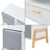 Collage of close-up shots of a white TV stand with gray roller shutter doors and wooden accents. Náhľad obrázku produktu