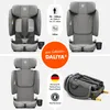 A collage of images showing a gray car seat from different angles, including a folded base, with marketing text and icons. Produktbild-Vorschau